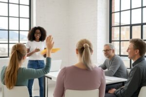 Clase de idiomas en empresa con créditos FUNDAE